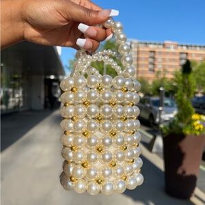 Chic Pearl and Gold Beaded Mini Bag